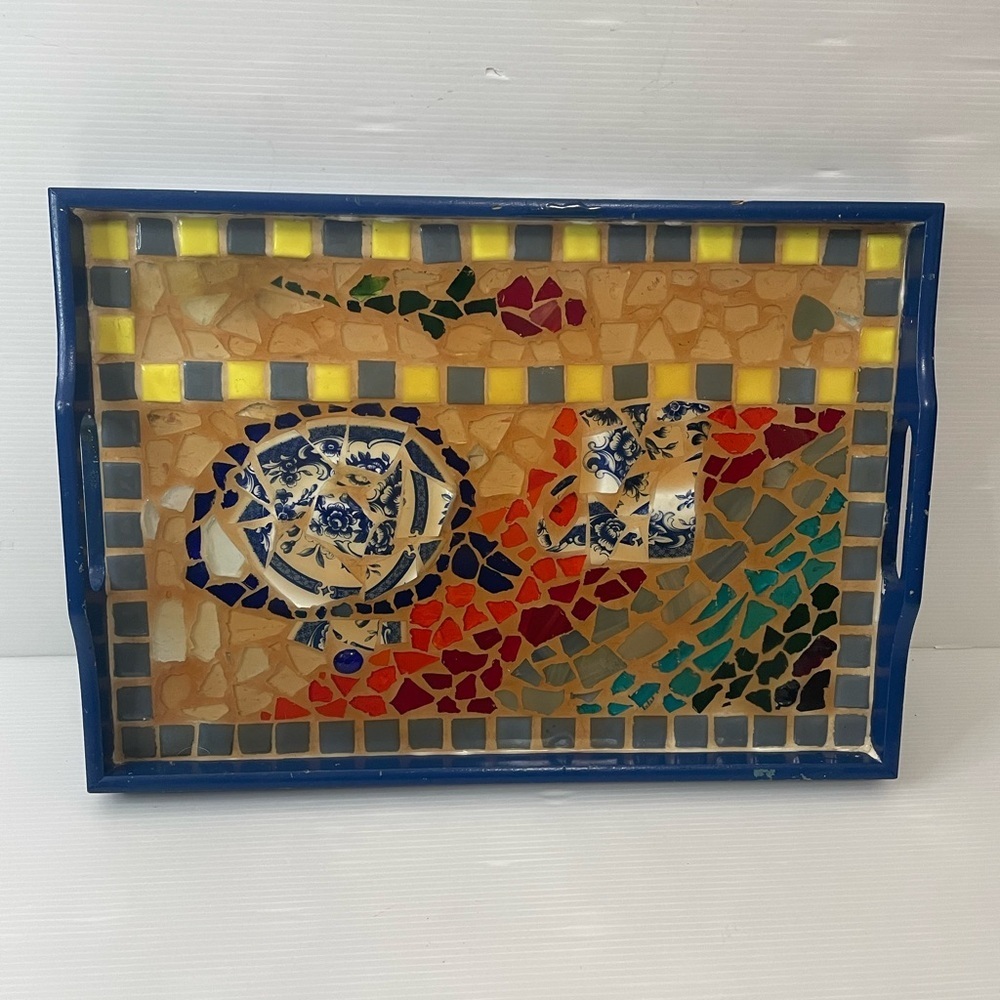 Mosaic Tile And Wooden Serving Tray Blue Colorful 16" X 11"